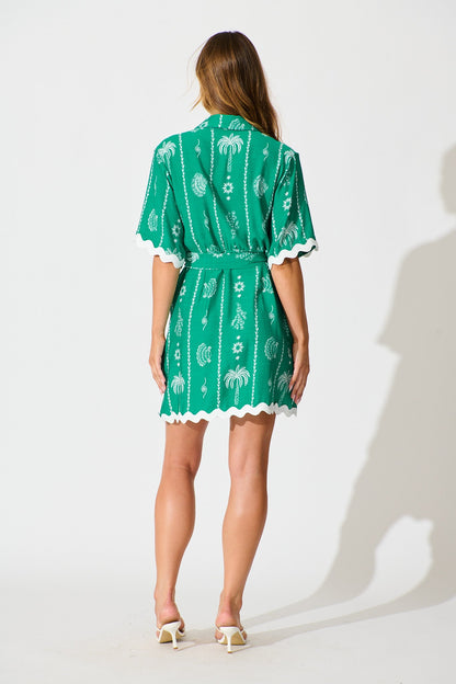 Maroa Shirt Dress in Green Print with Ric Rac Trim