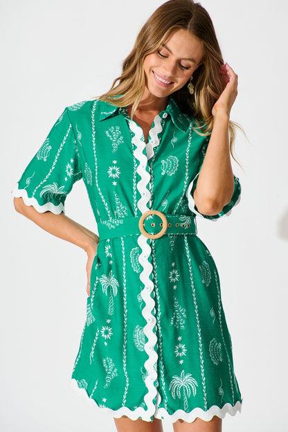 Maroa Shirt Dress in Green Print with Ric Rac Trim