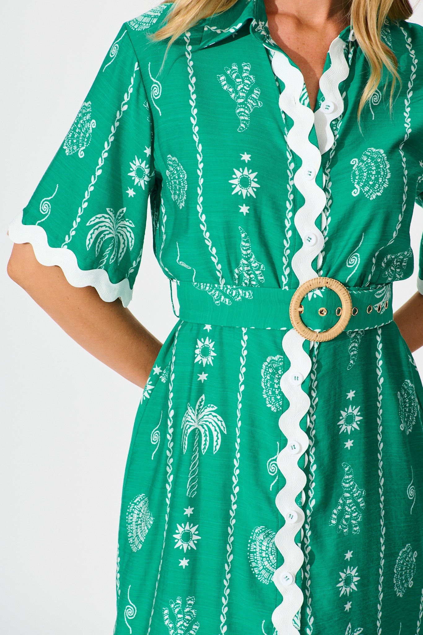 Maroa Shirt Dress in Green Print with Ric Rac Trim