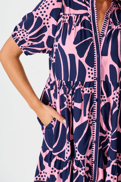 Felicia Shirt Dress In Pink And Navy Floral