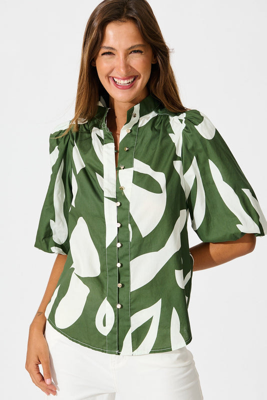 Gigi Shirt in Green and Cream Print Cotton