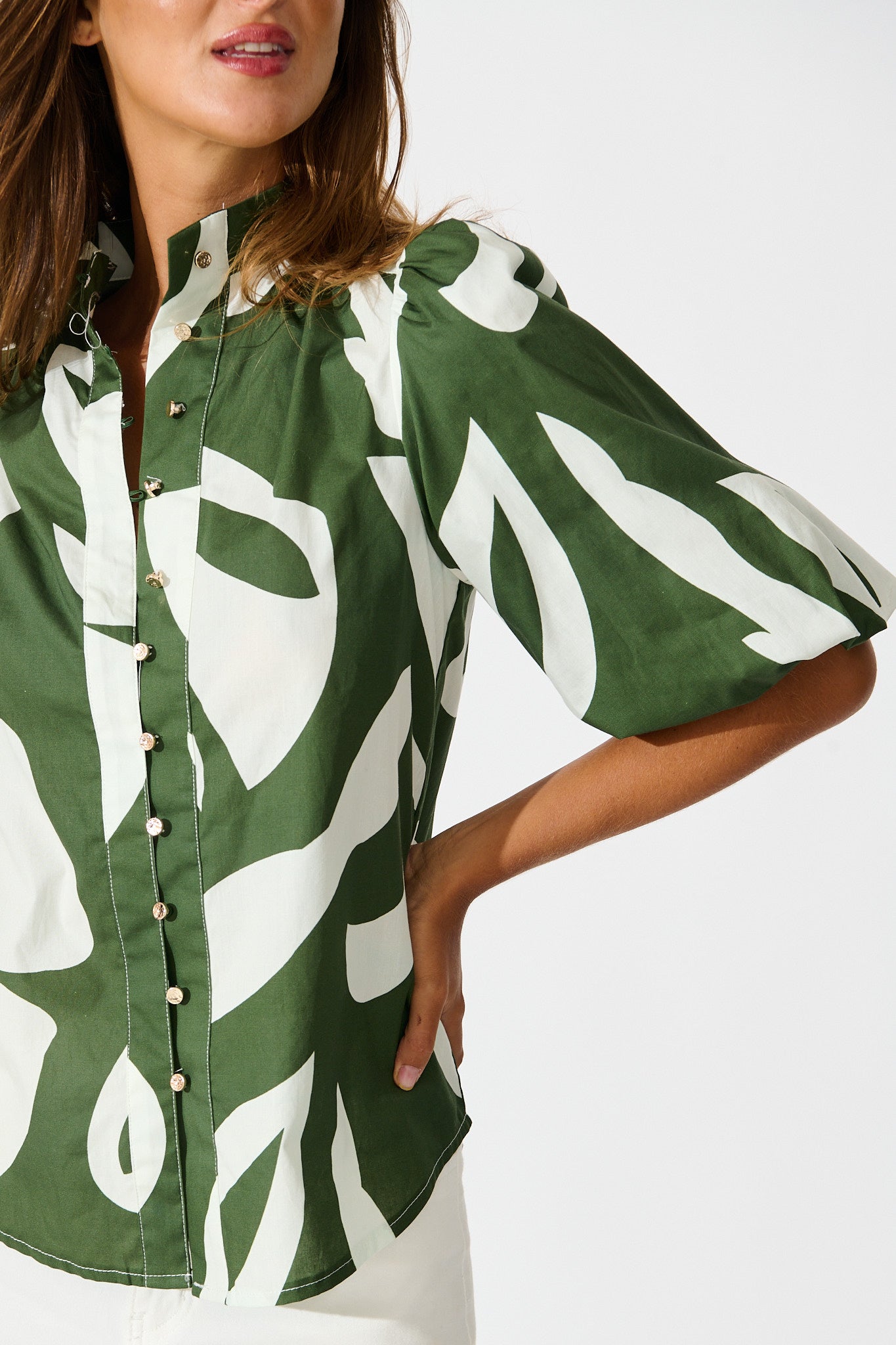 Gigi Shirt in Green and Cream Print Cotton