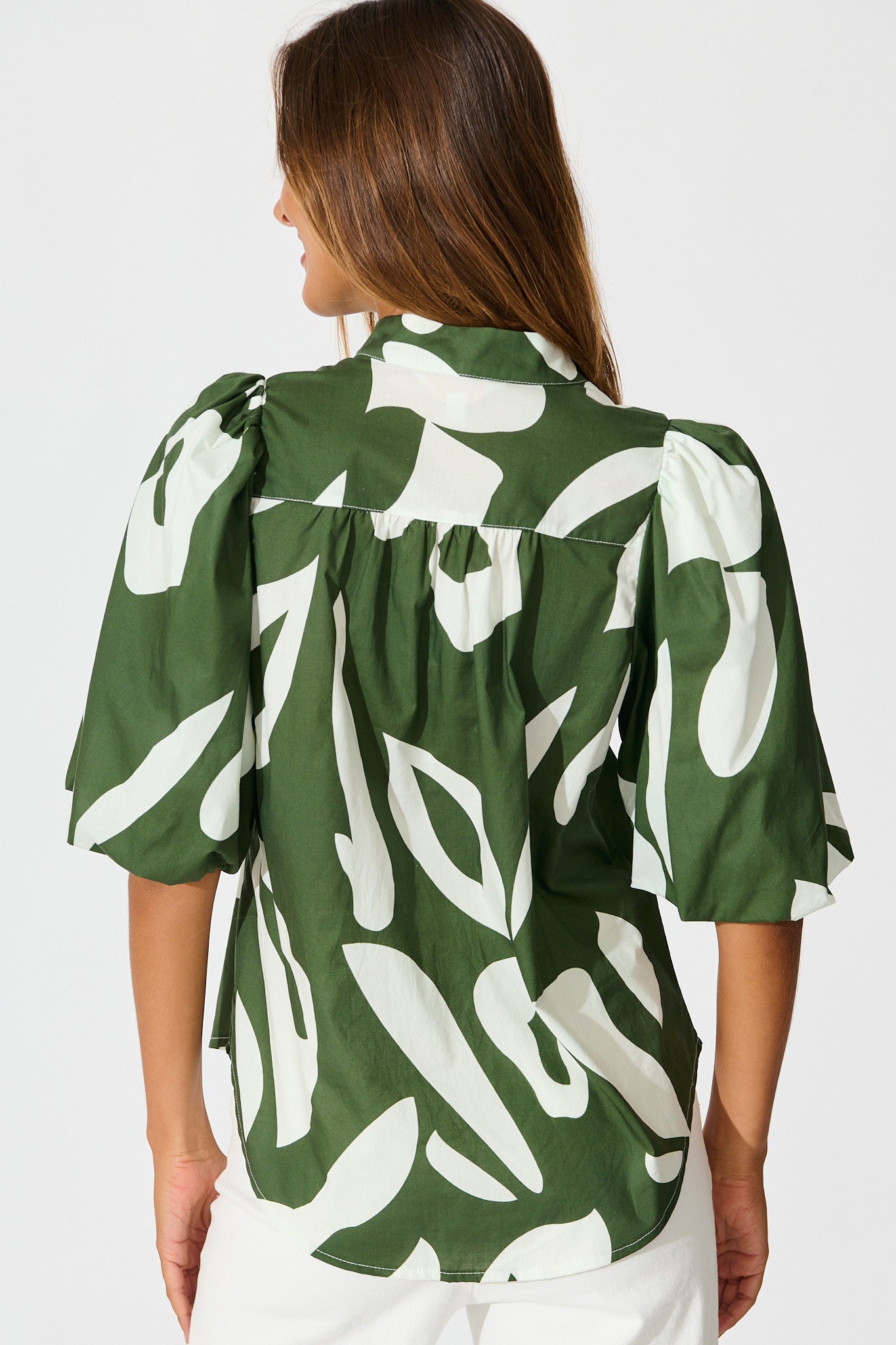 Gigi Shirt in Green and Cream Print Cotton