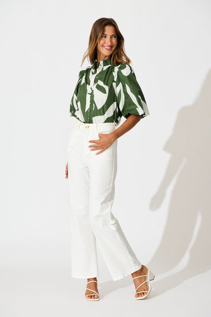 Gigi Shirt in Green and Cream Print Cotton