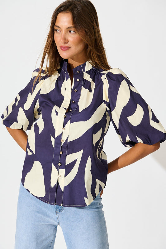 Gigi Shirt in Navy and Cream Print Cotton