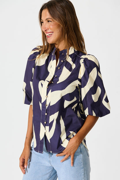 Gigi Shirt in Navy and Cream Print Cotton
