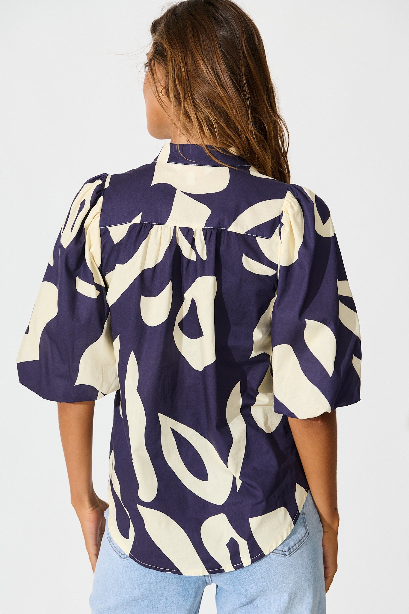 Gigi Shirt in Navy and Cream Print Cotton