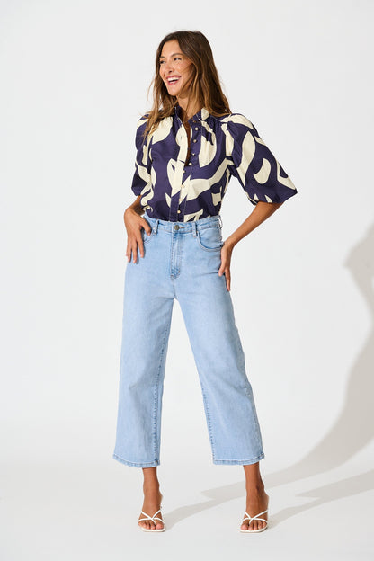 Gigi Shirt in Navy and Cream Print Cotton