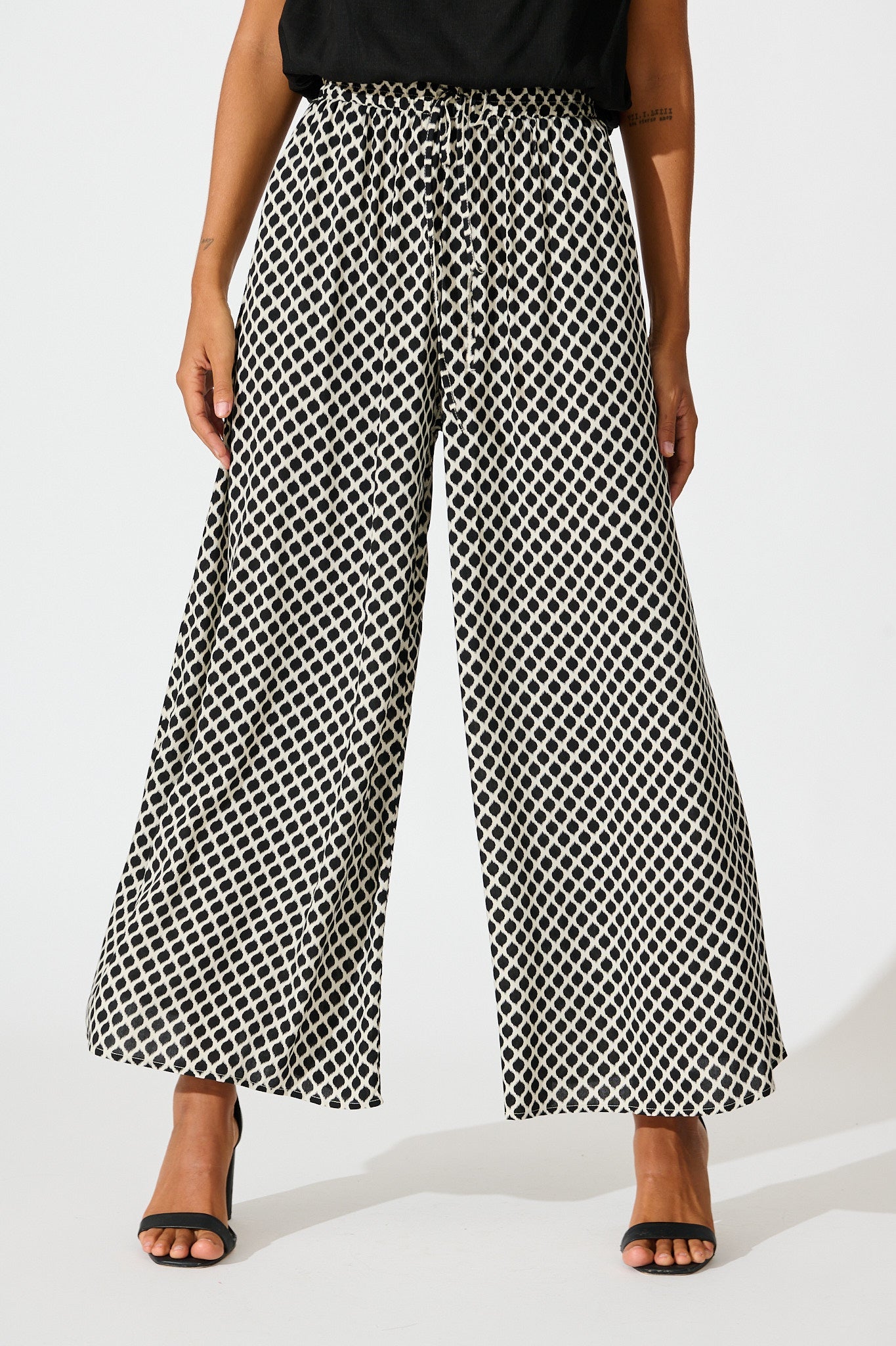 Goldie Wide Leg Pant in Black and Cream Geometric Print