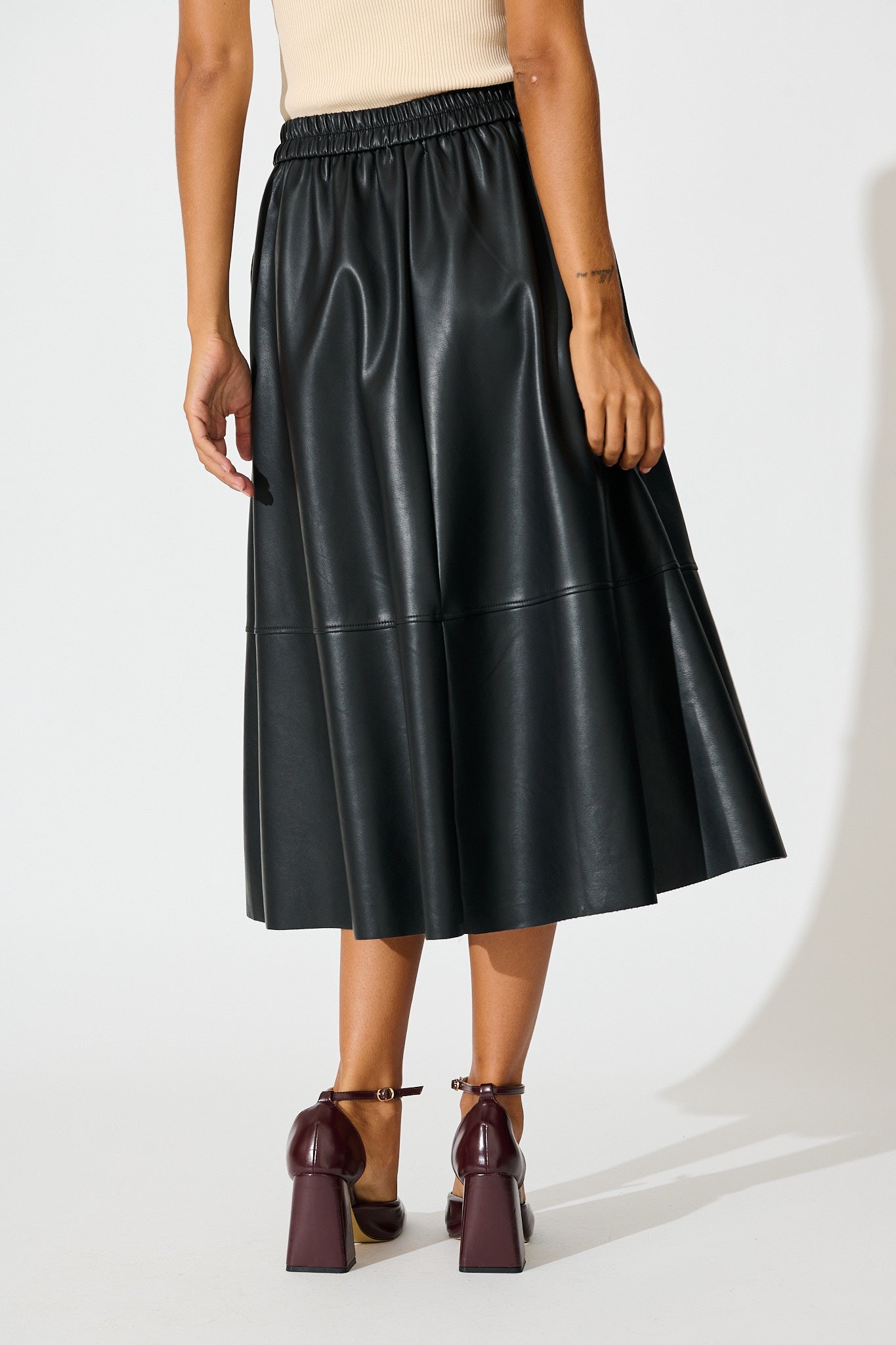 Let It Happen Midi Skirt in Black Leatherette