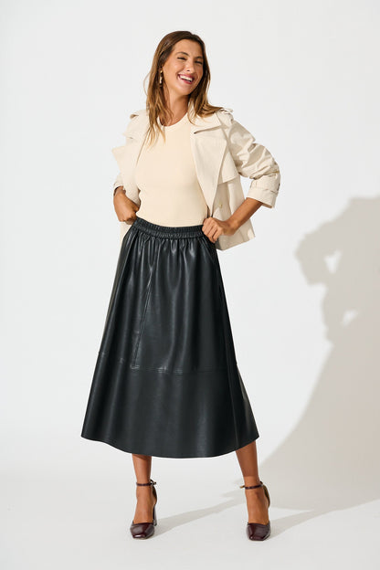Let It Happen Midi Skirt in Black Leatherette