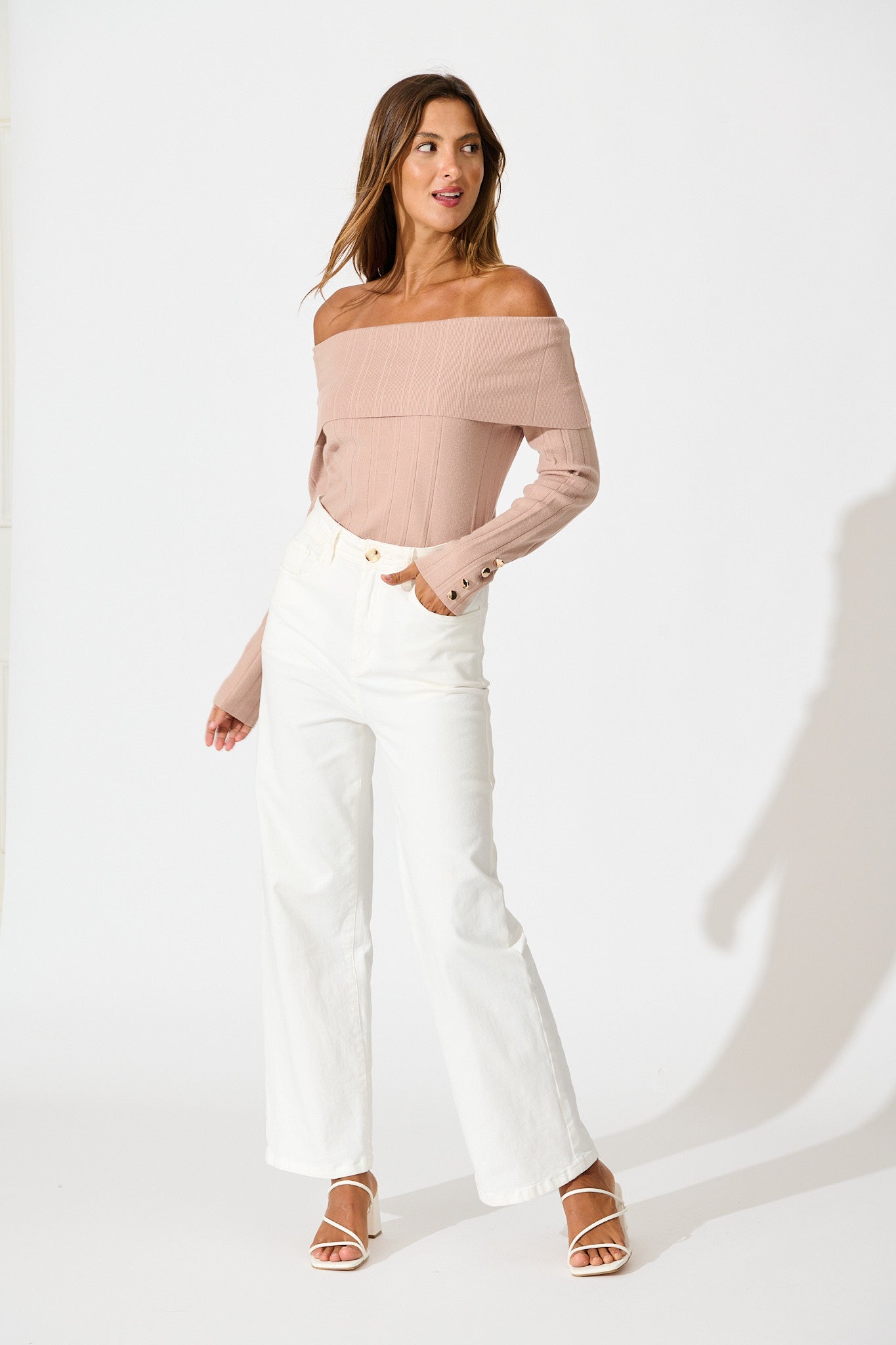 Solar Bardot Knit Top in Toffee Wool Blend