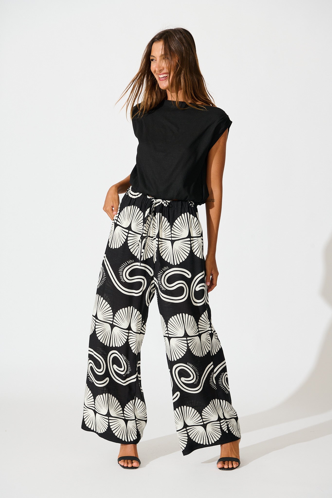 Lucinda Pant in Black with White Swirl Print Linen Blend