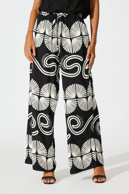 Lucinda Pant in Black with White Swirl Print Linen Blend