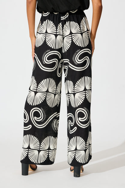 Lucinda Pant in Black with White Swirl Print Linen Blend