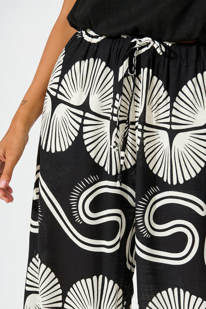 Lucinda Pant in Black with White Swirl Print Linen Blend