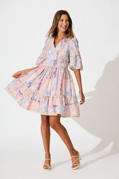 Samira Dress in Blush Multi Patchwork with Lace Trim