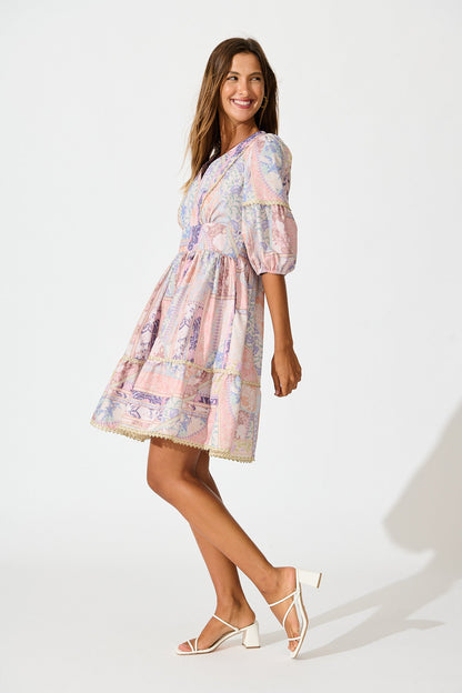 Samira Dress in Blush Multi Patchwork with Lace Trim