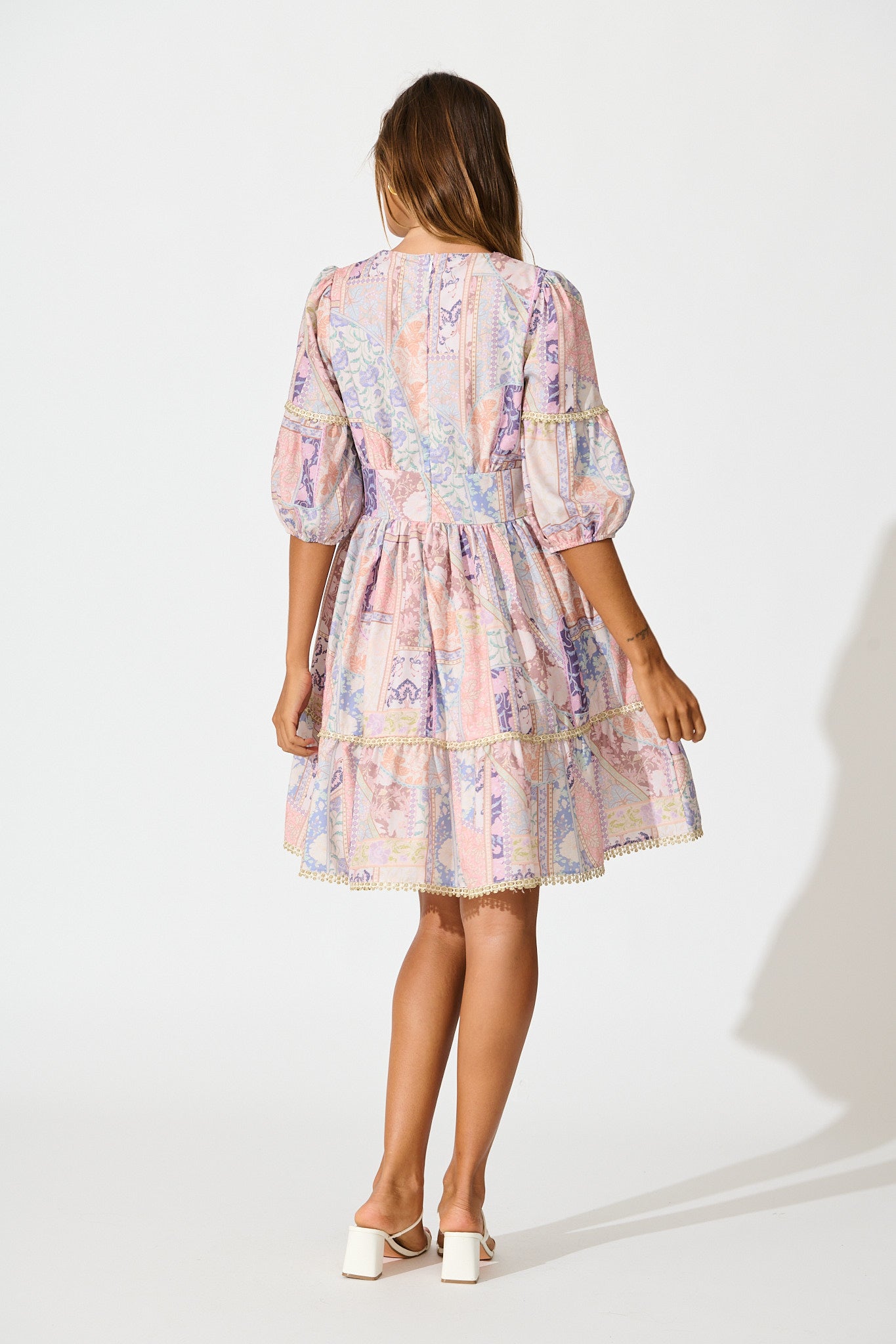 Samira Dress in Blush Multi Patchwork with Lace Trim