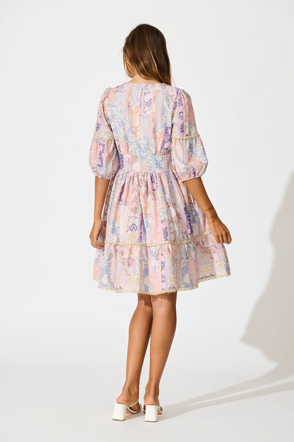 Samira Dress in Blush Multi Patchwork with Lace Trim