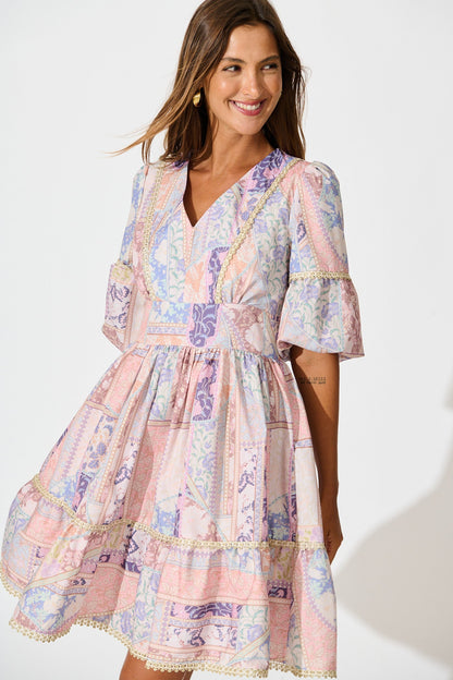 Samira Dress in Blush Multi Patchwork with Lace Trim