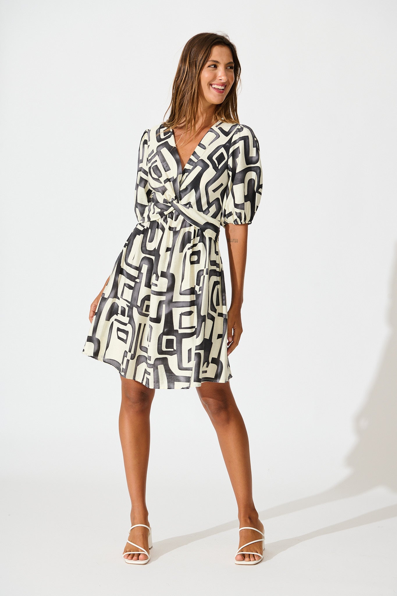 Manhattan Nights Dress in Black and White Geometric Print