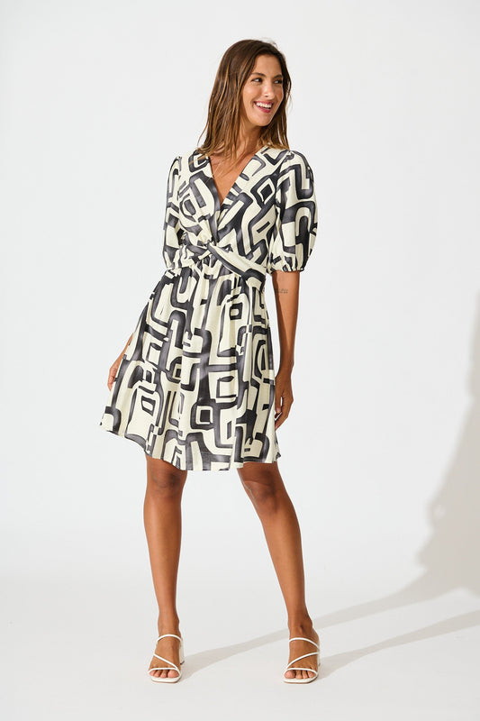 Manhattan Nights Dress in Black and White Geometric Print
