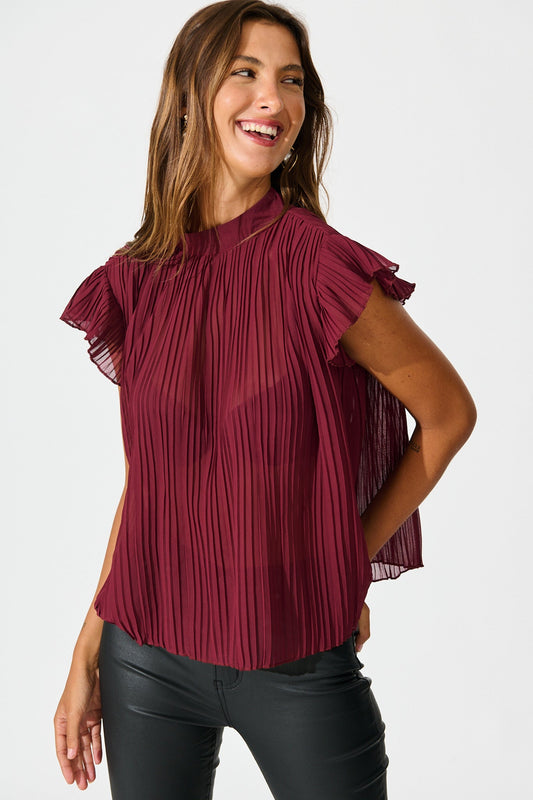 Vada Top in Wine Pleated Chiffon