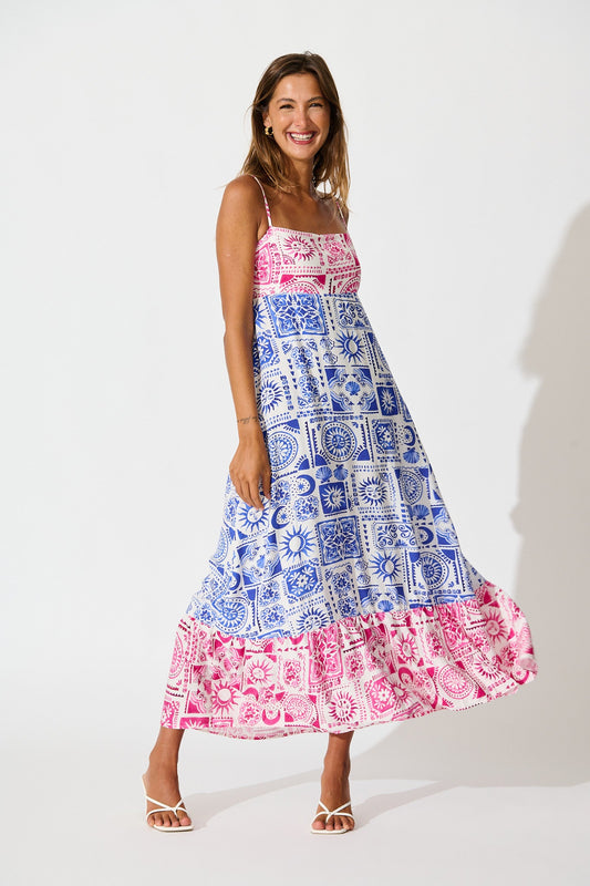 Jenna Maxi Sundress in Pink and Blue Tile Print