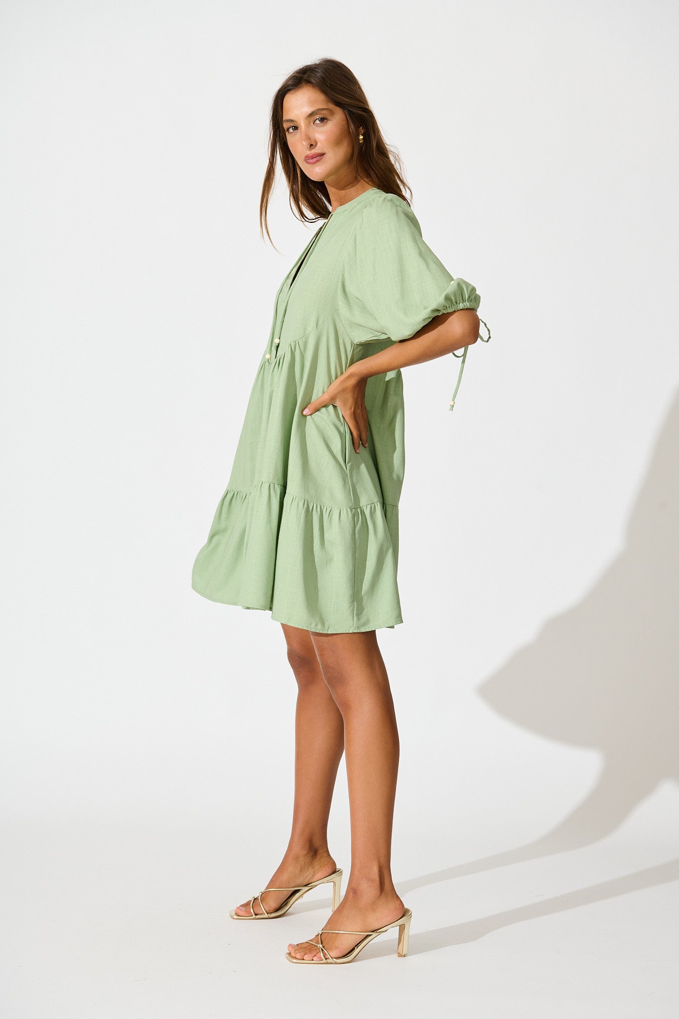 Emelyn Smock Dress in Sage Cotton Linen