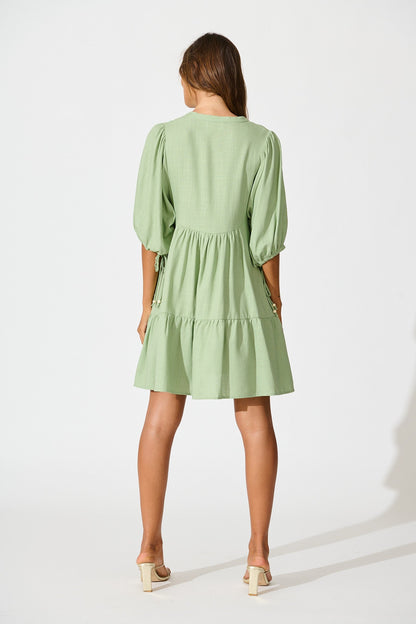 Emelyn Smock Dress in Sage Cotton Linen