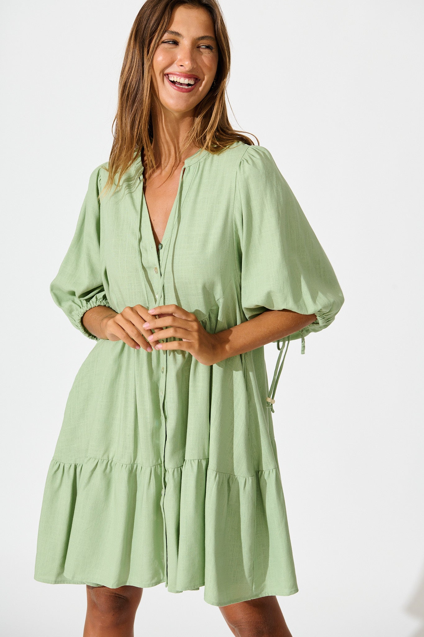 Emelyn Smock Dress in Sage Cotton Linen