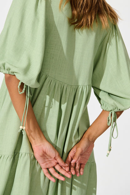 Emelyn Smock Dress in Sage Cotton Linen