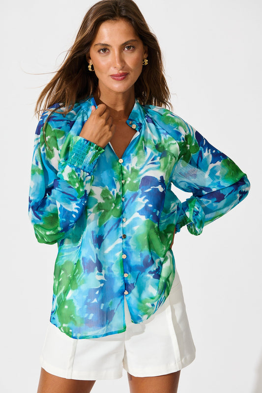 Brielle Top in Blue and Multi Print Chiffon