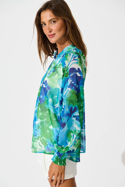 Brielle Top in Blue and Multi Print Chiffon