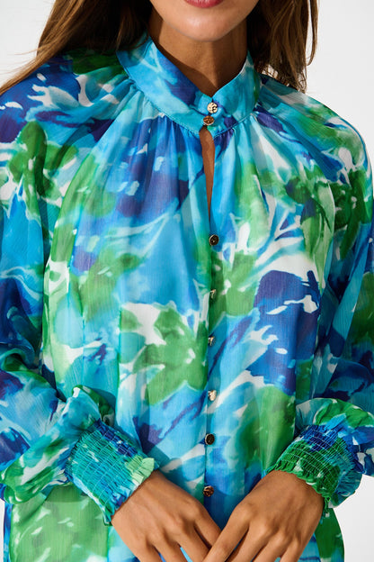 Brielle Top in Blue and Multi Print Chiffon