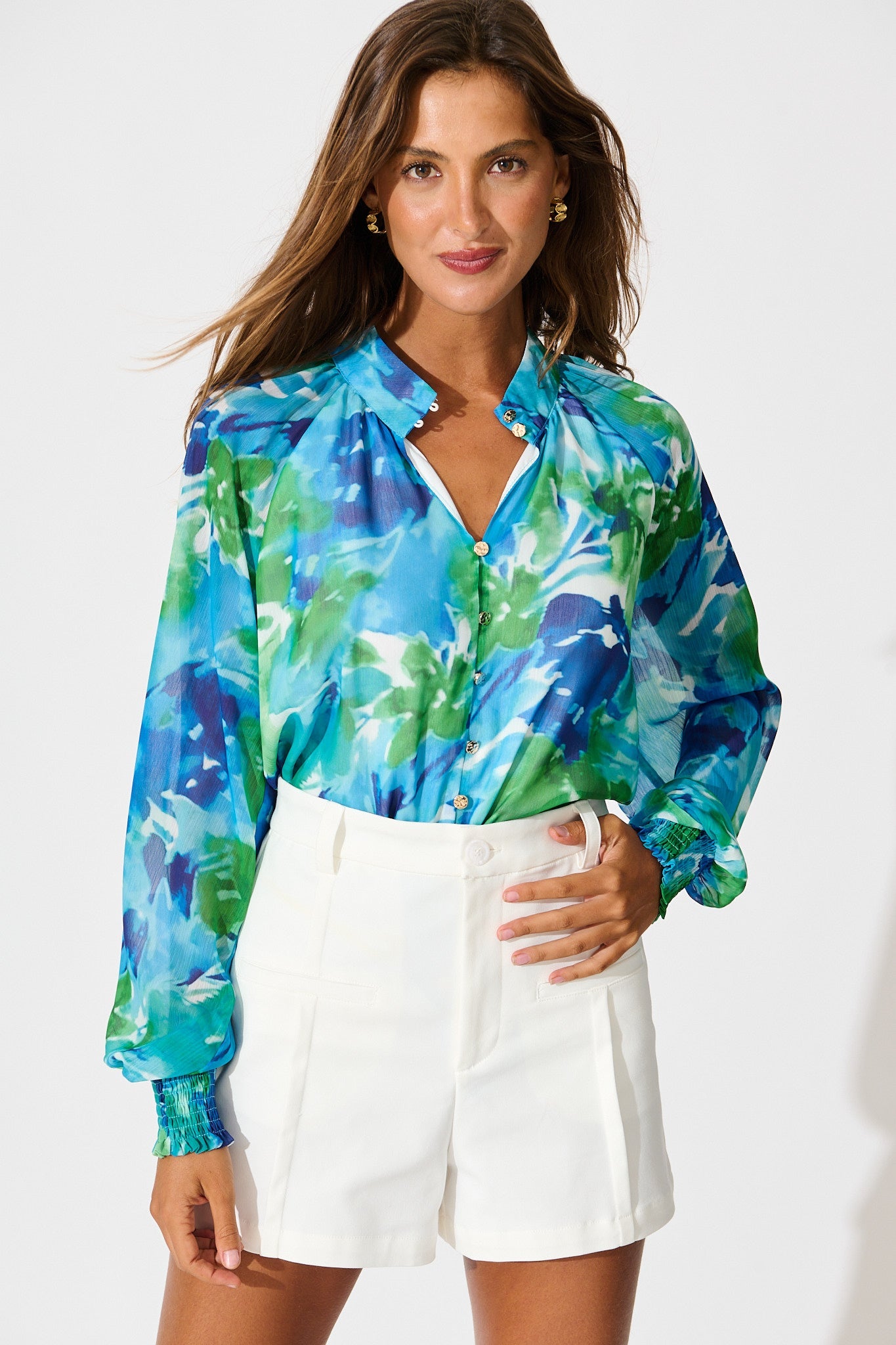 Brielle Top in Blue and Multi Print Chiffon