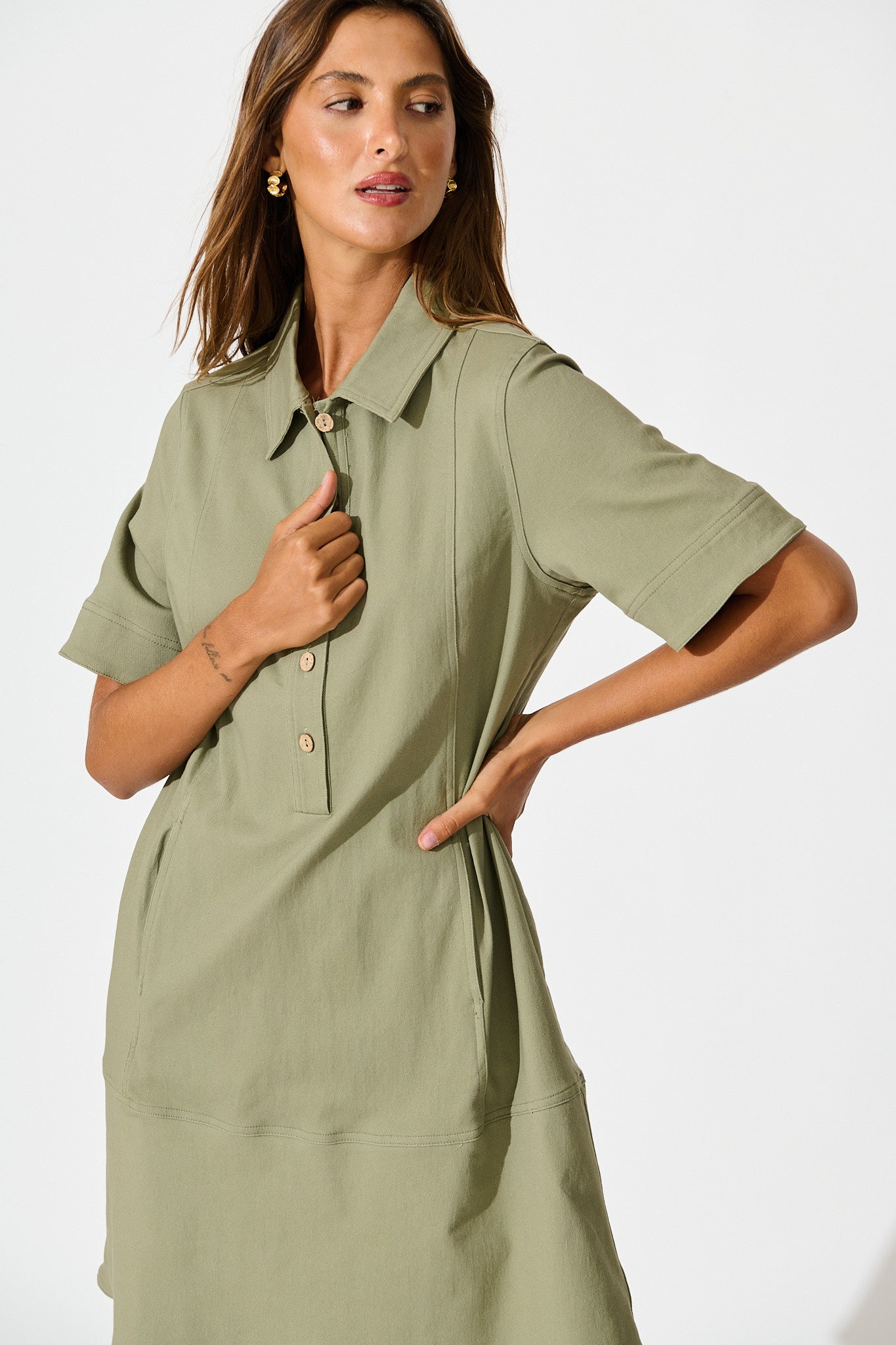 Arabella Dress in Khaki Cotton