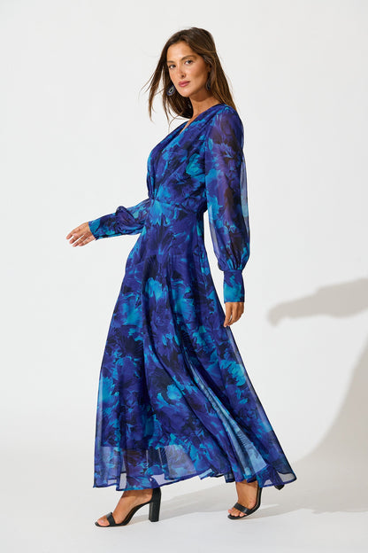 Martina Maxi Dress in Blue Watercolour Chiffon