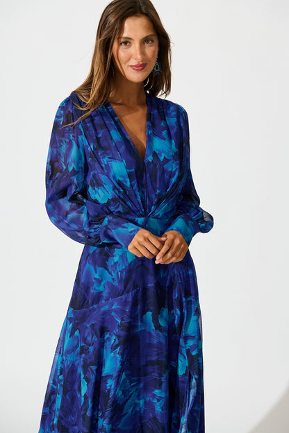 Martina Maxi Dress in Blue Watercolour Chiffon