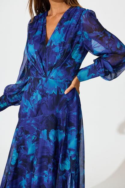 Martina Maxi Dress in Blue Watercolour Chiffon