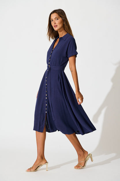 Alyssa Midi Shirt Dress in Navy Linen Blend