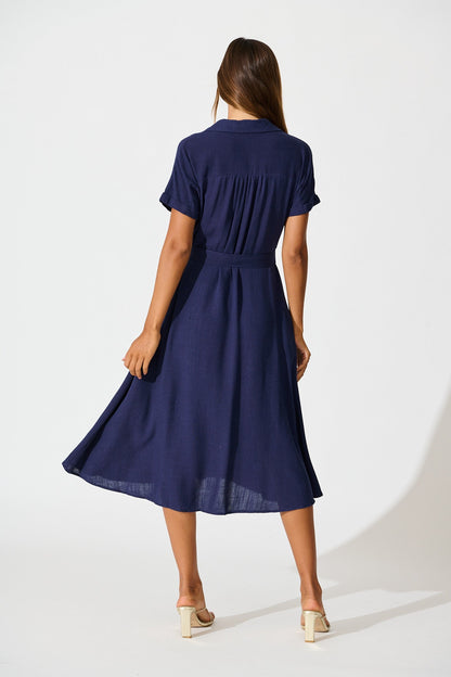 Alyssa Midi Shirt Dress in Navy Linen Blend