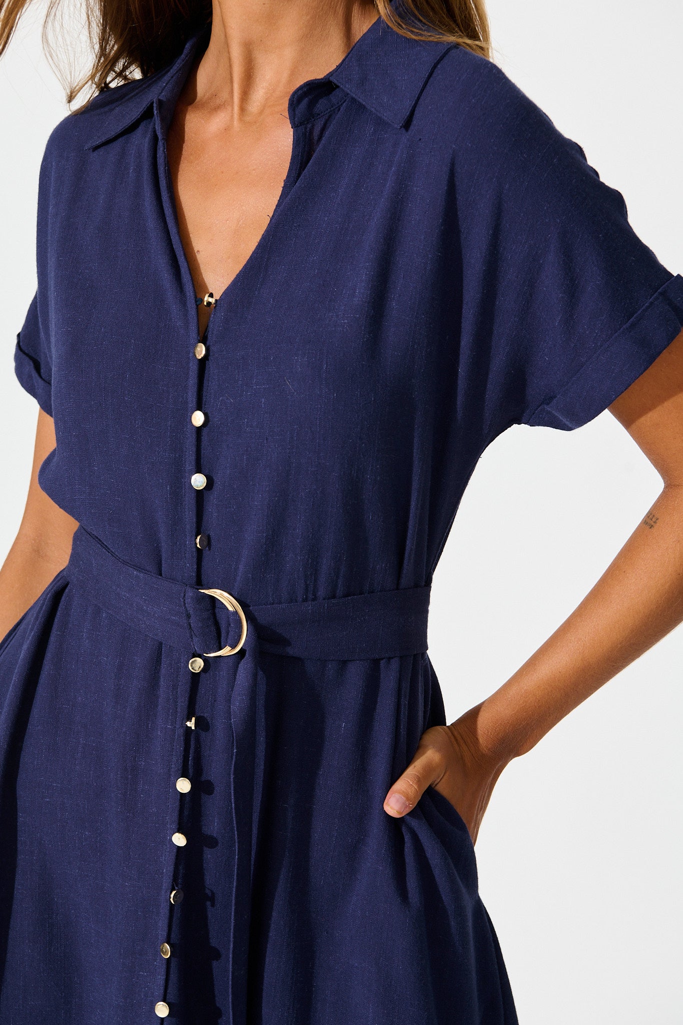 Alyssa Midi Shirt Dress in Navy Linen Blend