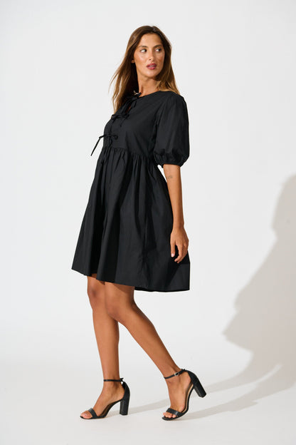 Sofia Tie Front Dress in Black Cotton