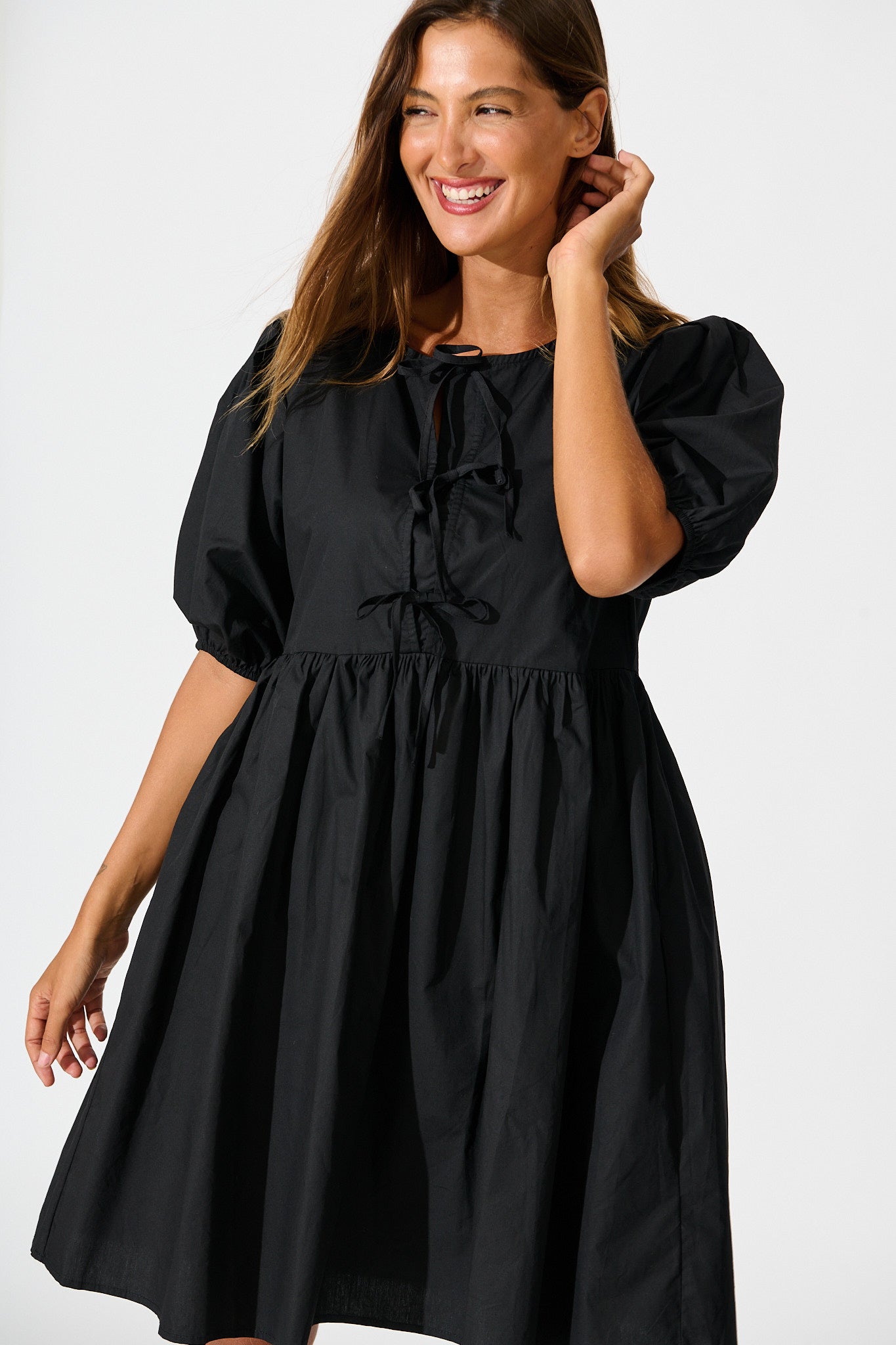 Sofia Tie Front Dress in Black Cotton