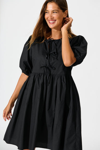 Sofia Tie Front Dress in Black Cotton
