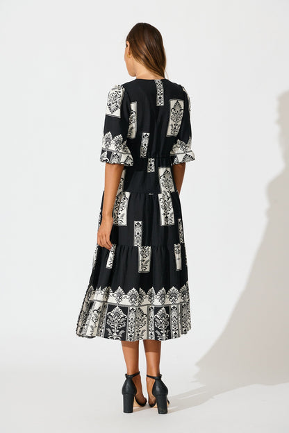 Paradise Midi Dress in Black Border Print