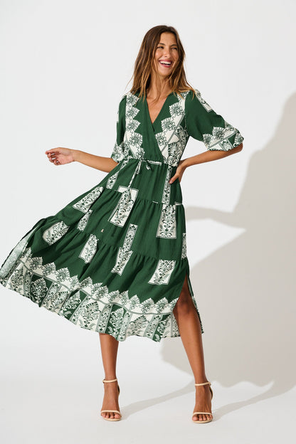 Paradise Midi Dress in Emerald Green Border Print