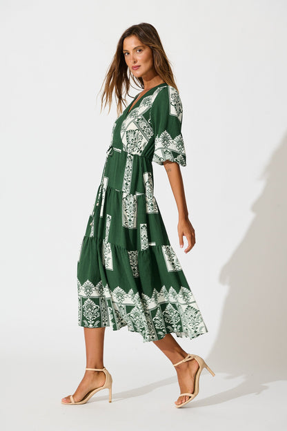 Paradise Midi Dress in Emerald Green Border Print